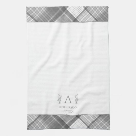 Grijs en wit Geplaagd gepersonaliseerde naam Monog Theedoek (Verticaal)