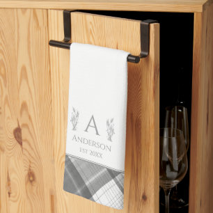 Grijs en wit Geplaagd gepersonaliseerde naam Monog Theedoek