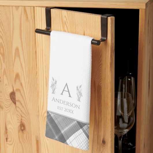 Grijs en wit Geplaagd gepersonaliseerde naam Monog Theedoek (Derde Gevouwen)