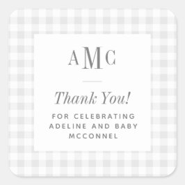 Grijs en wit geruit monogram bedankt vierkante sticker