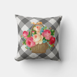 Grijs en wit Gingham Floral land Kussen