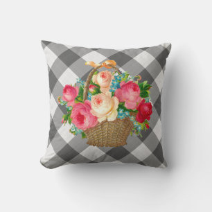 Grijs en wit Gingham Floral land Kussen