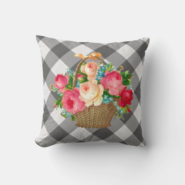 Grijs en wit Gingham Floral  land Kussen (Voorkant)