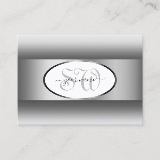 Grijs en wit Gradiënt Monogram Ovaal Zilver Lijst Visitekaartje (Voorkant)