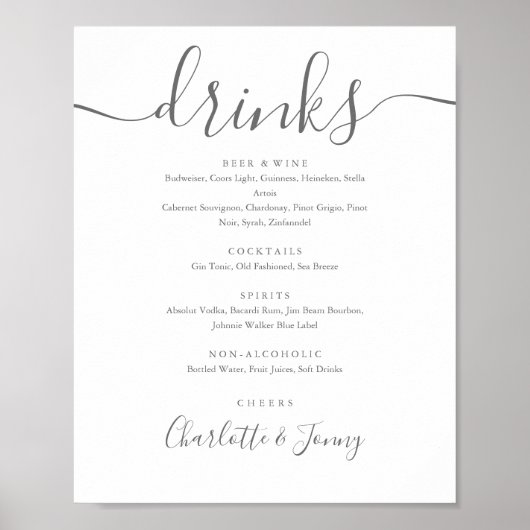 Grijs en wit handtekening script drankkaart menu b poster (Voorkant)