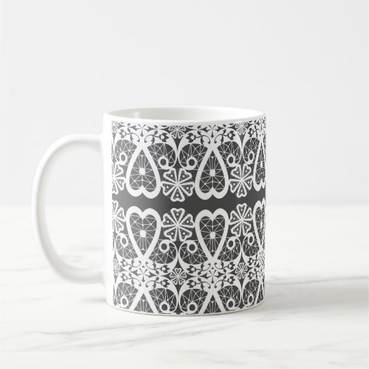 Grijs en wit kantpatroon koffiemok (Links)