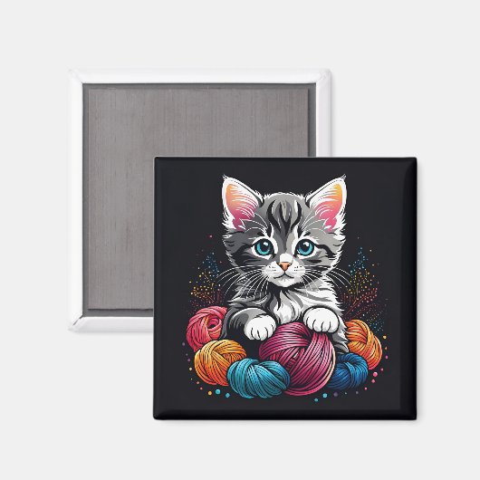 Grijs en wit katje met garen magneet (Voorkant / Achterkant)