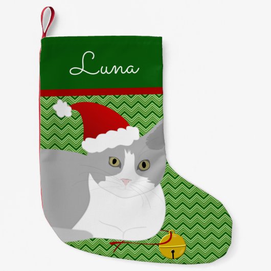 Grijs en wit Kerstman kat gepersonaliseerd Kleine Kerstsok (Voorkant)