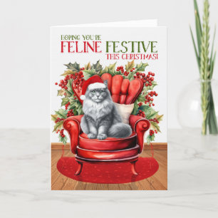 Grijs en Wit Kerstmis Kat FELINE Feestelijk Feestdagen Kaart