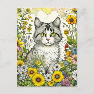 Grijs en Wit Kitty Kat Zittend in Bloemen Briefkaart