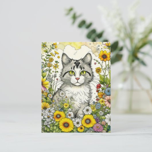 Grijs en Wit Kitty Kat Zittend in Bloemen Briefkaart (Staand voorkant)