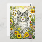 Grijs en Wit Kitty Kat Zittend in Bloemen Briefkaart (Voorkant / Achterkant)