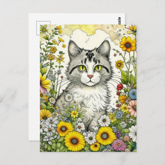 Grijs en Wit Kitty Kat Zittend in Bloemen Briefkaart (Voorkant / Achterkant)