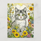 Grijs en Wit Kitty Kat Zittend in Bloemen Briefkaart (Voorkant)