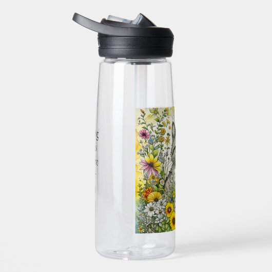 Grijs en Wit Kitty Kat Zittend in Bloemen Waterfles (Rechts)