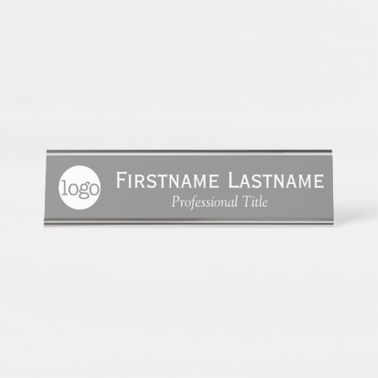 Grijs en wit - Logo, naam, titel Bureau Naambordje (Voorkant)