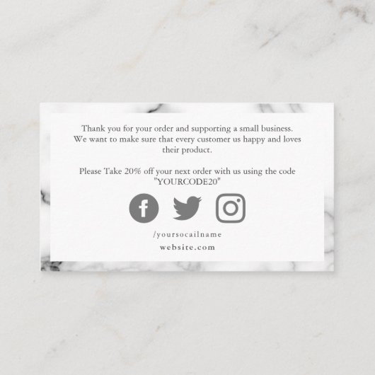 Grijs en wit marmer effect, klantendank u informatiekaartje (Achterkant)