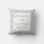 Grijs en wit met maansterren en baby-naam kussen (Voorkant)