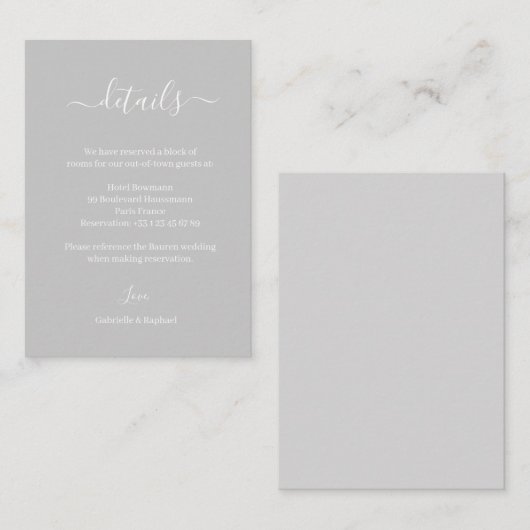 Grijs en Wit Minimalistisch Bruiloft Hotel Detail Informatiekaartje (Voorkant / Achterkant)