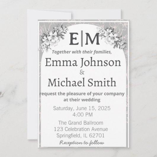 Grijs en wit Moderne Elegantie Floral Line Art Kaart (Voorkant)