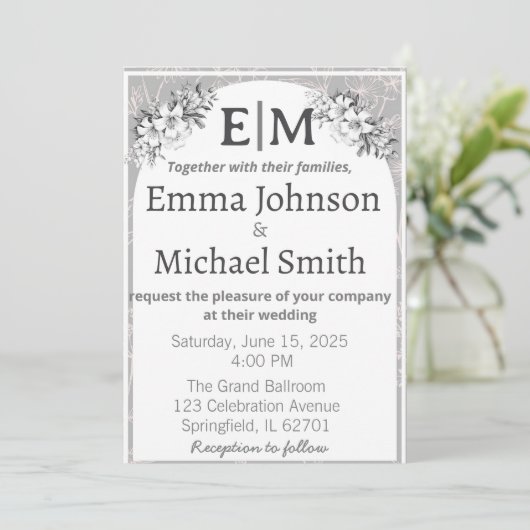 Grijs en wit Moderne Elegantie Floral Line Art Kaart (Staand voorkant)