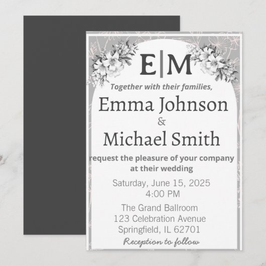 Grijs en wit Moderne Elegantie Floral Line Art Kaart (Voorkant / Achterkant)