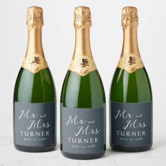 Grijs en wit Mr en Mrs Wedding Sparkling Wijnetiket (Flessen)