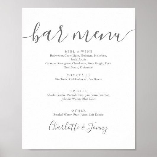 Grijs en wit script Bar Menu Bord Poster (Voorkant)