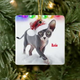 Grijs en Wit Sphynx Kat Kerstmis Keramisch Ornament