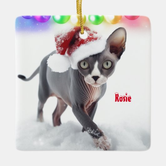 Grijs en Wit Sphynx Kat Kerstmis Keramisch Ornament (Voorkant)