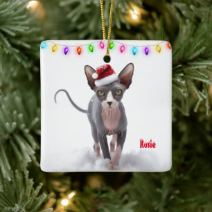 Grijs en Wit Sphynx Kat Kerstmis Keramisch Ornament