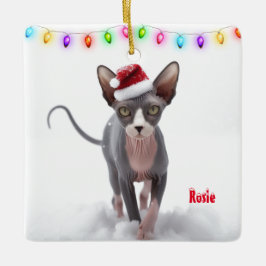 Grijs en Wit Sphynx Kat Kerstmis Keramisch Ornament