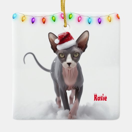 Grijs en Wit Sphynx Kat Kerstmis Keramisch Ornament (Voorkant)
