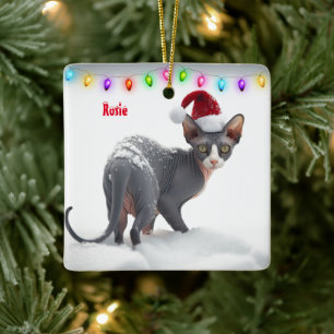 Grijs en Wit Sphynx Kat Kerstmis Keramisch Ornament