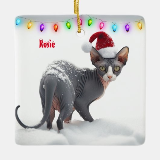 Grijs en Wit Sphynx Kat Kerstmis Keramisch Ornament (Voorkant)