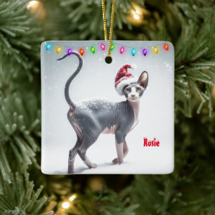 Grijs en Wit Sphynx Kat Kerstmis Keramisch Ornament