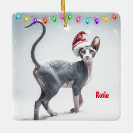 Grijs en Wit Sphynx Kat Kerstmis Keramisch Ornament