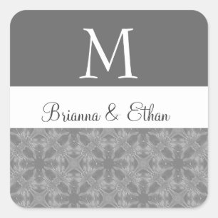 Grijs en Wit Subtiel Bloemen Bruiloft Monogram M Vierkante Sticker