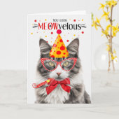 Grijs en Wit Tabby Kat MEOWvelous Verjaardag Kaart (Gele Bloem)