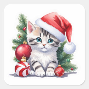 Grijs en wit Tabby Santa Kitten Vierkante Sticker