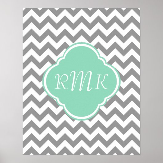 Grijs en wit Zigzag Aangepast monogram Poster (Voorkant)
