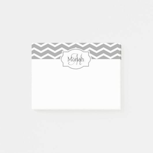Grijs en Witte Chevron Naam Monogramed Post-it® Notes (Voorkant)