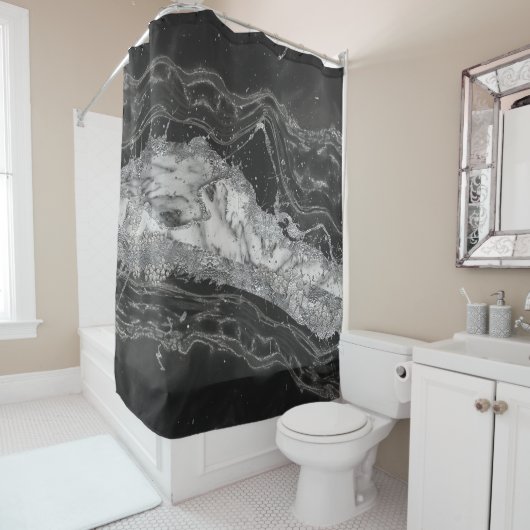 Grijs en witte marmer en zilver abstract douchegordijn (In situ)