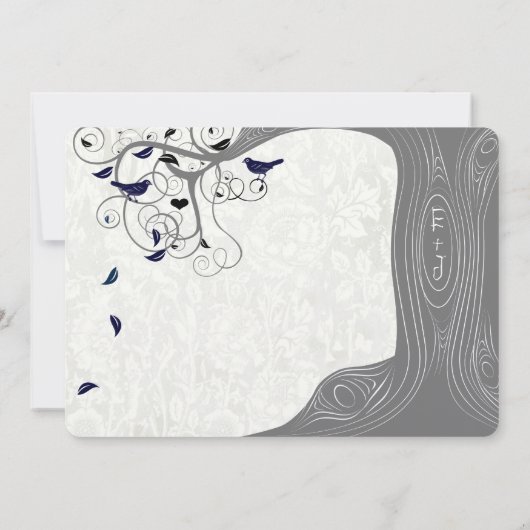 Grijs en zeemacht Modern Tree Love Bird Wedding Kaart (Achterkant)