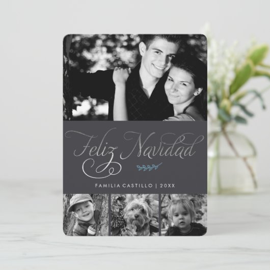Grijs en Zilver Feliz Navidad Foto Feestdagenkaart (Staand voorkant)