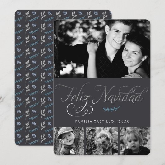 Grijs en Zilver Feliz Navidad Foto Feestdagenkaart (Voorkant / Achterkant)