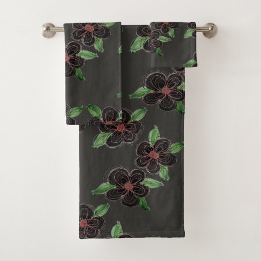 Grijs en zwart bloemig bad handdoek (Insitu)