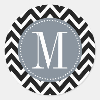 Grijs en zwart Chevron Aangepast monogram Ronde Sticker