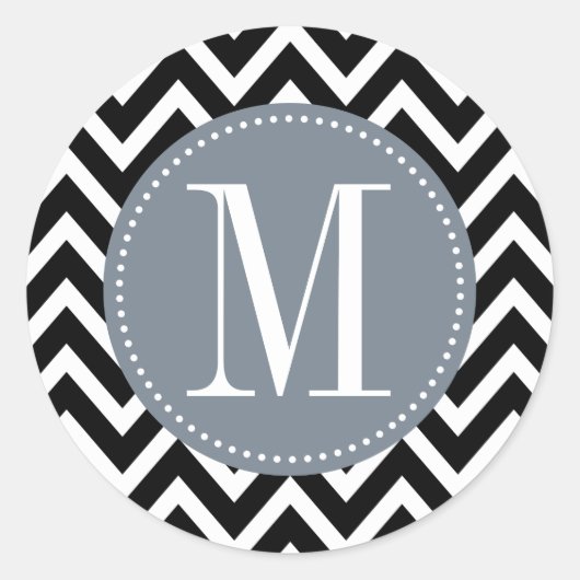 Grijs en zwart Chevron Aangepast monogram Ronde Sticker (Voorkant)