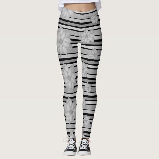 Grijs en Zwart Floral streep Dames Leggings (Voorkant)